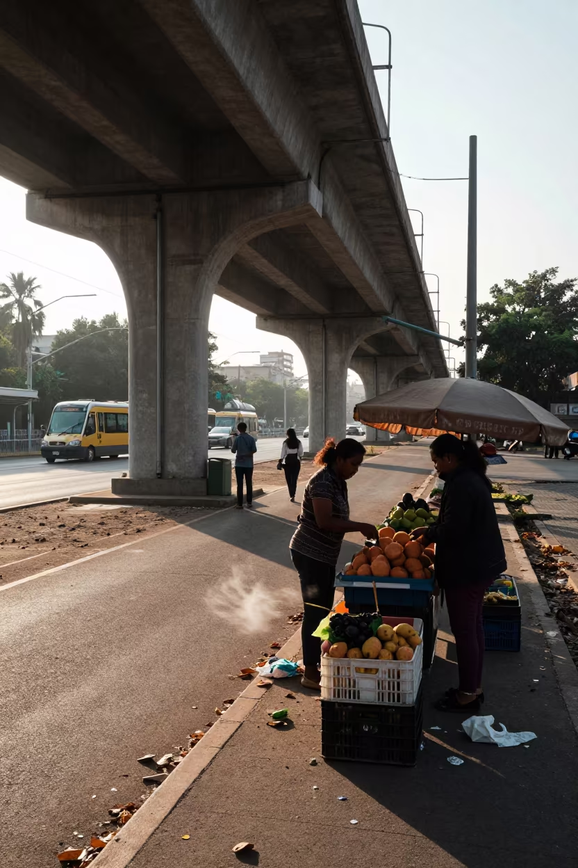 Hama Commuters Under Overpass at Dawn in at a tram stop in Hama