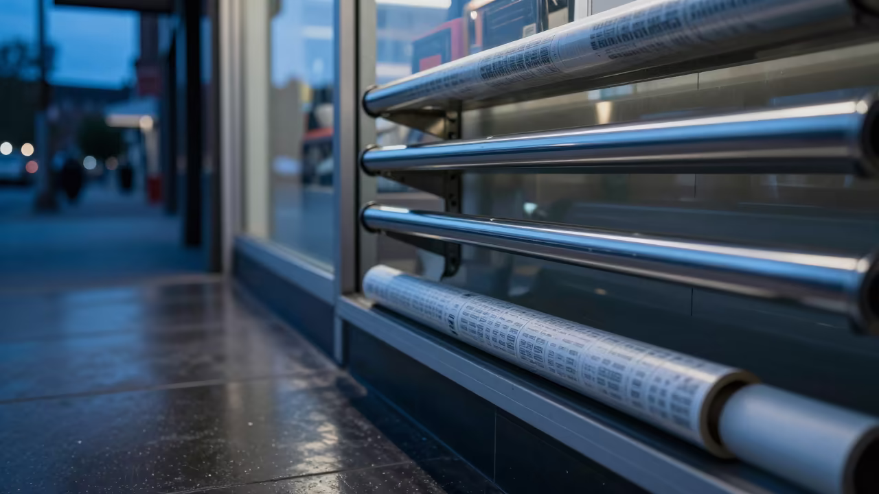 Hamburg Deli Ticket Roll Shelf Blue Hour in outside a lit retail frontage after dark in Hamburg