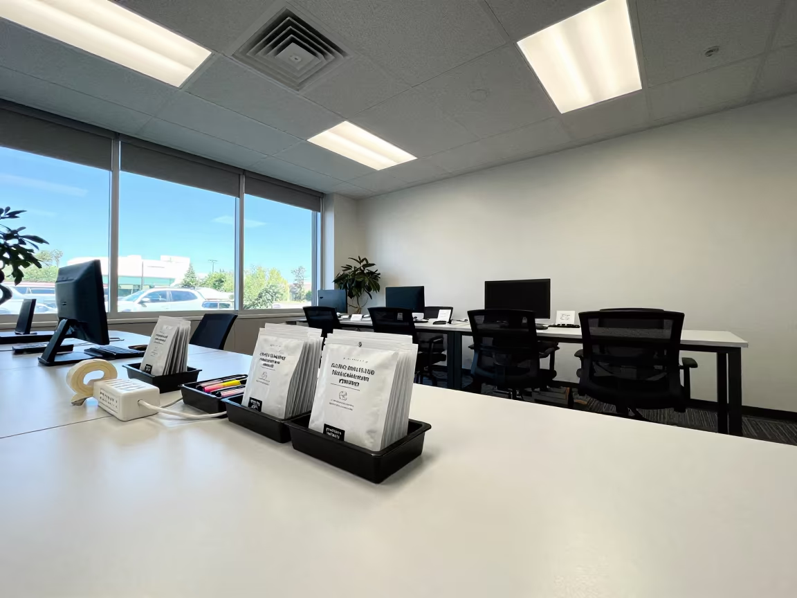Hamilton Training Room Packets and Power Strips in inside a training room prepared for interviews near Hamilton