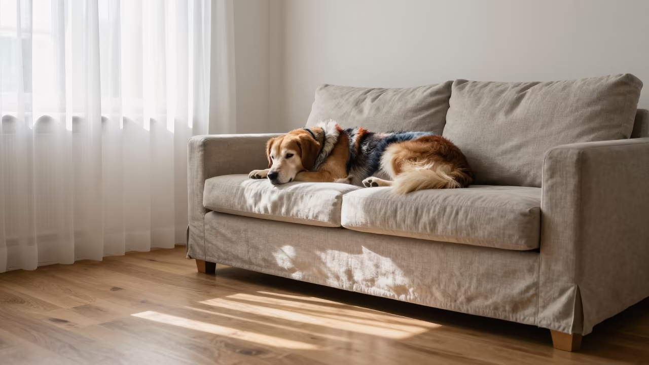 Hamiltonstovare Dog Resting on Linen Sofa in Morning Light in on a linen sofa with daylight from a nearby window in Essen