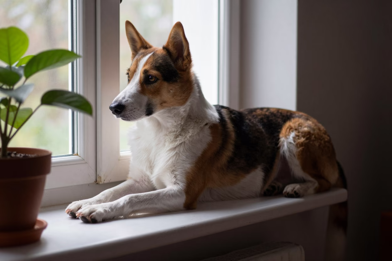 Hamiltonstovare Dog Resting on Lqliâa Window Seat in on a window seat in a quiet apartment with soft side light near Lqliâa
