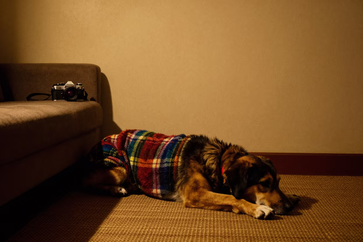Hamiltonstovare Dog Resting on Rug at Night in on a woven rug beside a low couch and an uncluttered wall in Bilaspur
