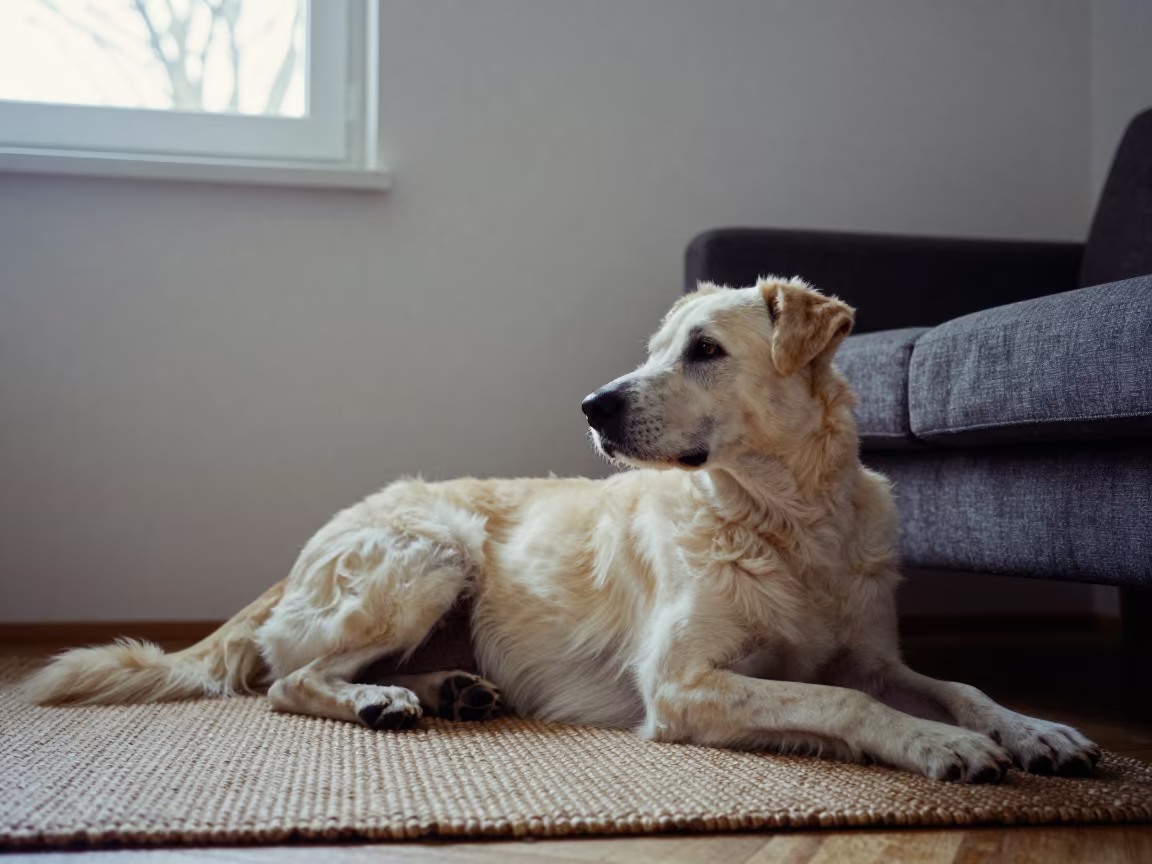 Hamiltonstovare Dog Resting on Rug in on a woven rug beside a low couch and an uncluttered wall in Bremen
