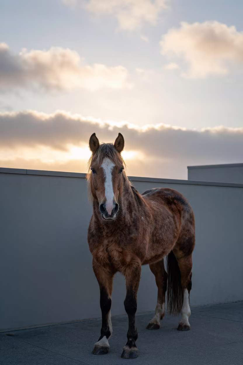 Hamiltonstovare Portrait in San Francisco Dawn Light in beside a plain courtyard wall in clear daylight with the animal at eye level near San Francisco
