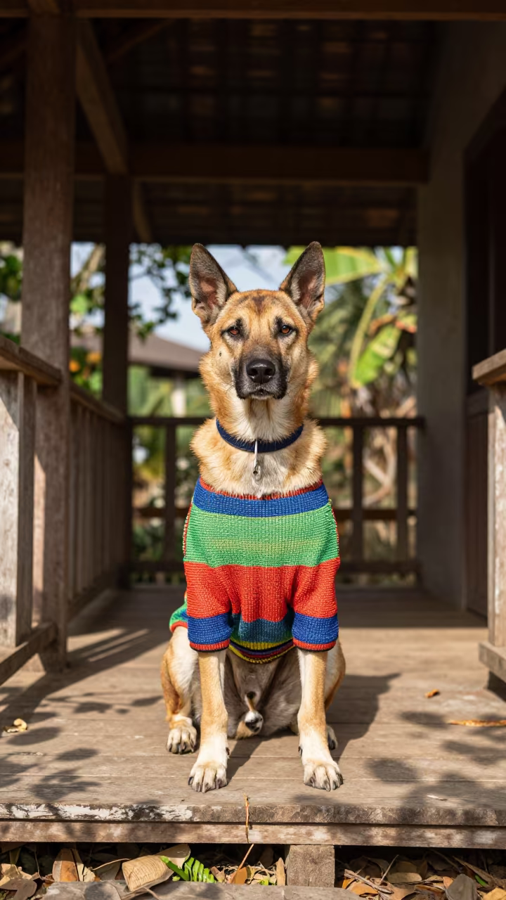 Hamiltonstovare Portrait on Douala Porch in on a shaded front porch with boards, railings, and eye-level framing in Douala