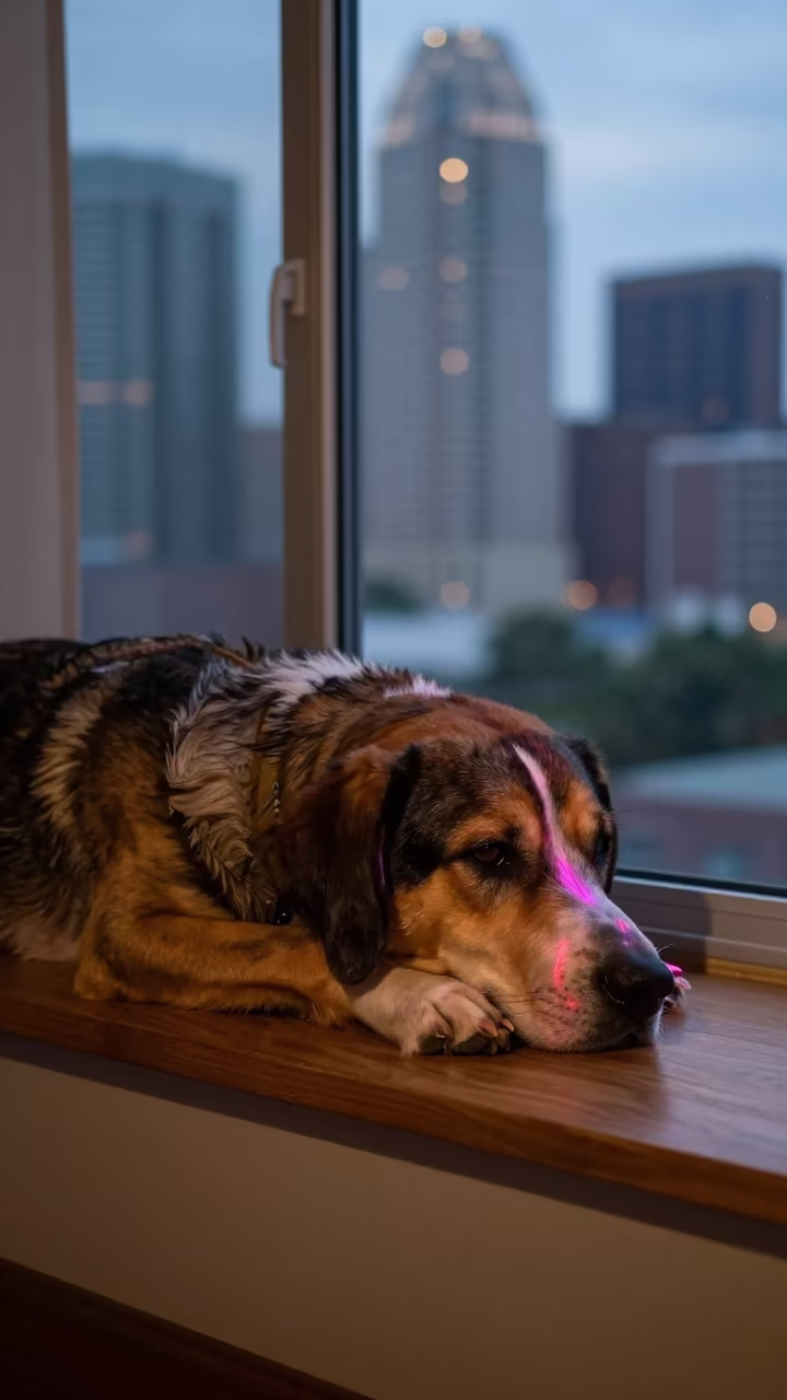 Hamiltonstovare Resting on Window Seat at Twilight in on a window seat in a quiet apartment with soft side light near San Antonio