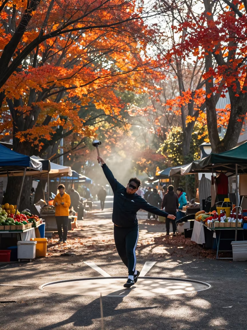 Hammer Thrower in Autumn Market Lane in along a market lane in Urayasu