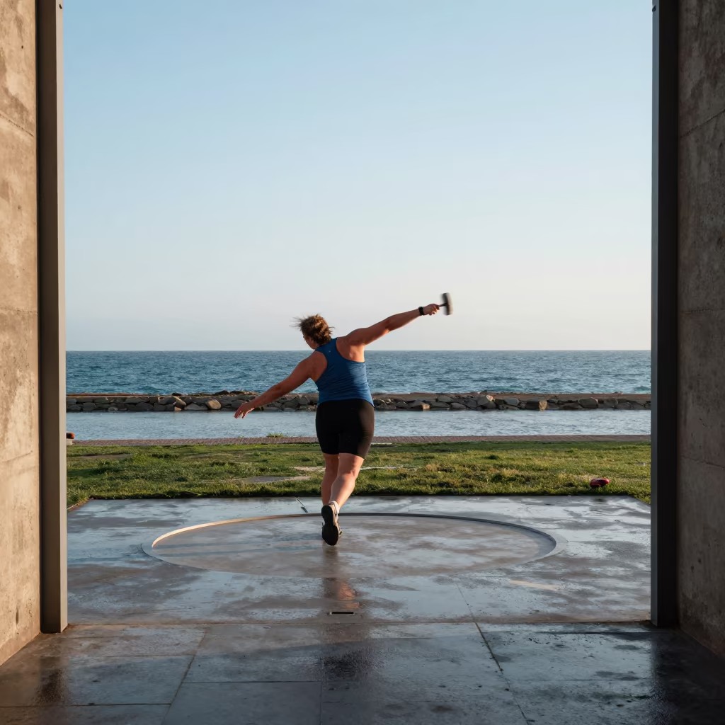 Hammer Thrower Releases Ball Near Surreal Ocean Doorway in near a riverside landing in Jaén