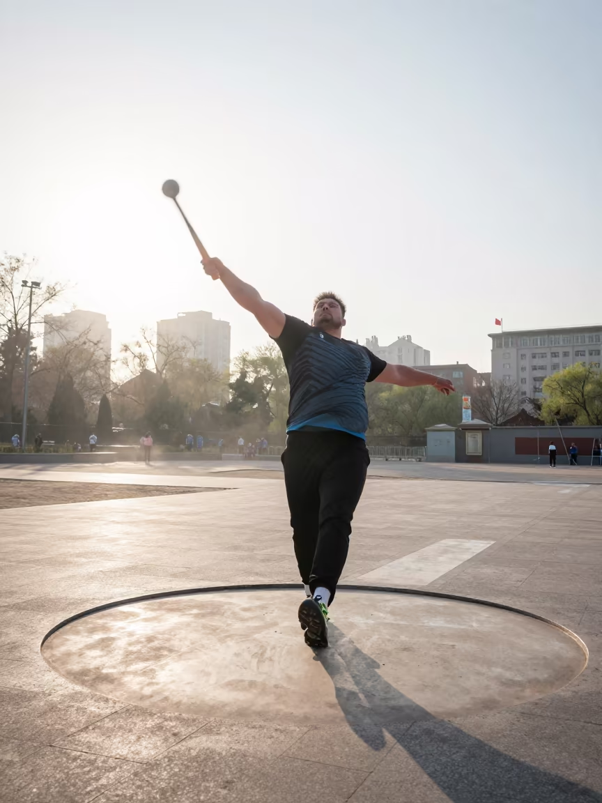 Hammer Thrower Spinning in Jinan Square in at a public square in Jinan