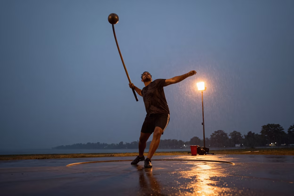 Hammer Thrower Wind-Up at Harbor Firelight in at a harbor edge in Akola