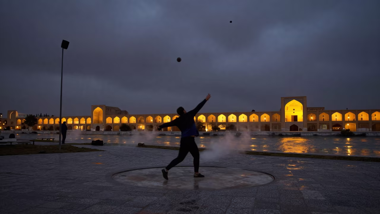Hammer Thrower Under Winter Night Sky in near a riverside landing in Isfahan