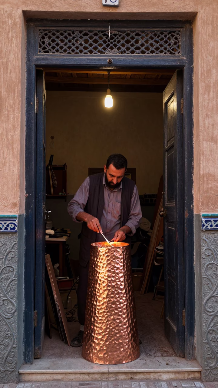 Hammered Copper Artisan Lighting Up Metalwork in Fez Morocco Before Dusk in in Fez, Morocco