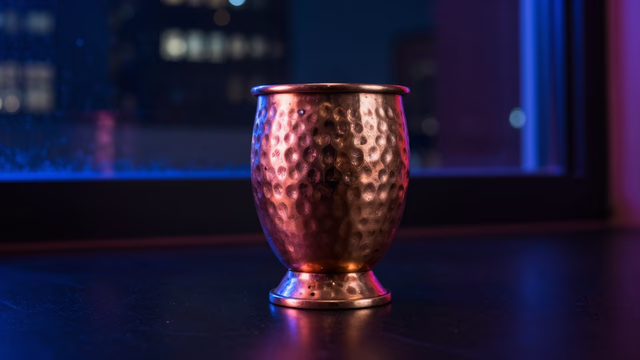 Hammered Copper Goblet Neon Light Dallas Night in on a cafe table by a window in Dallas