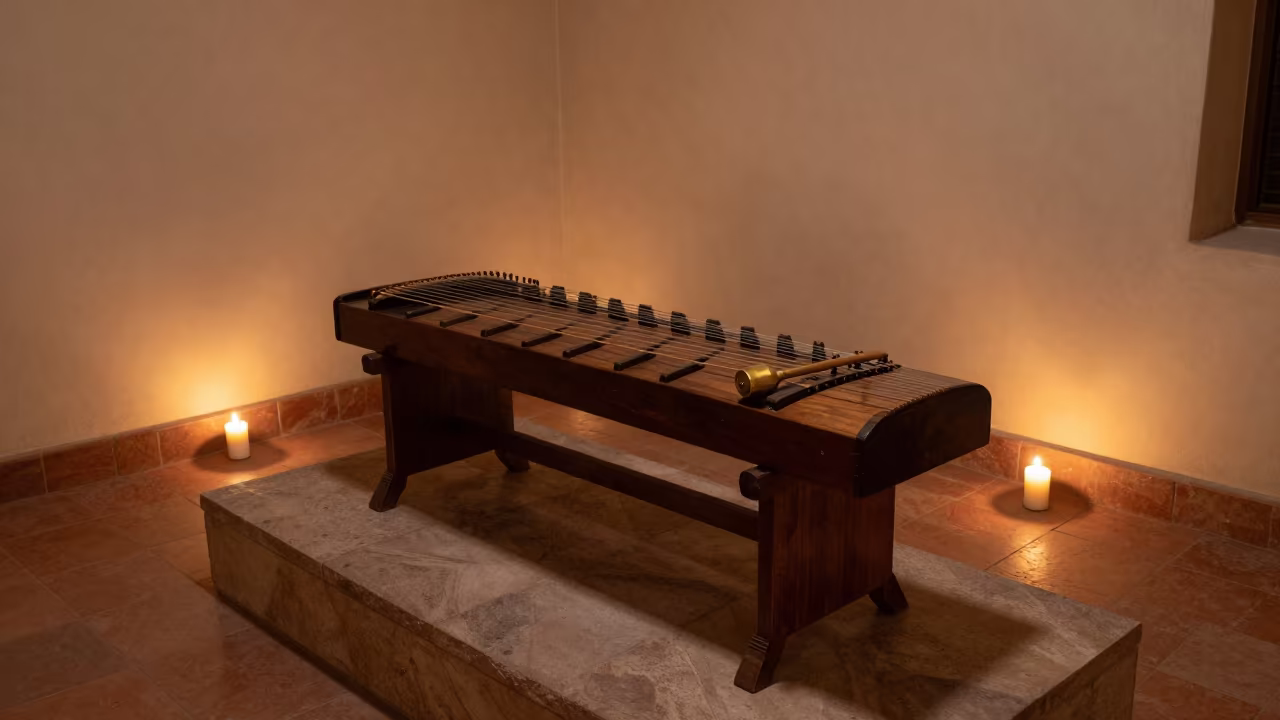 Hammered Dulcimer on Plinth in Puno Museum in on a museum plinth in Puno