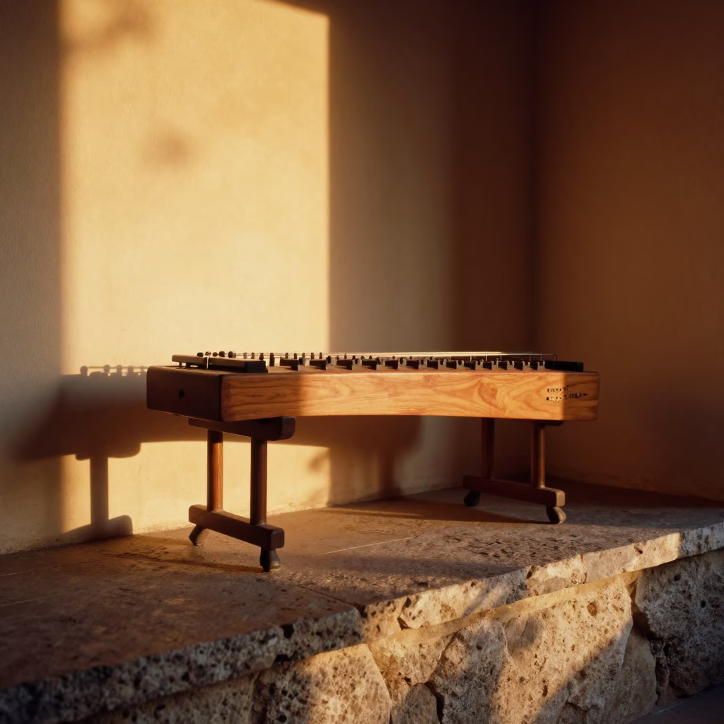 Hammered Dulcimer on Stone Ledge at Sunset in on a stone ledge in Puerto Madryn