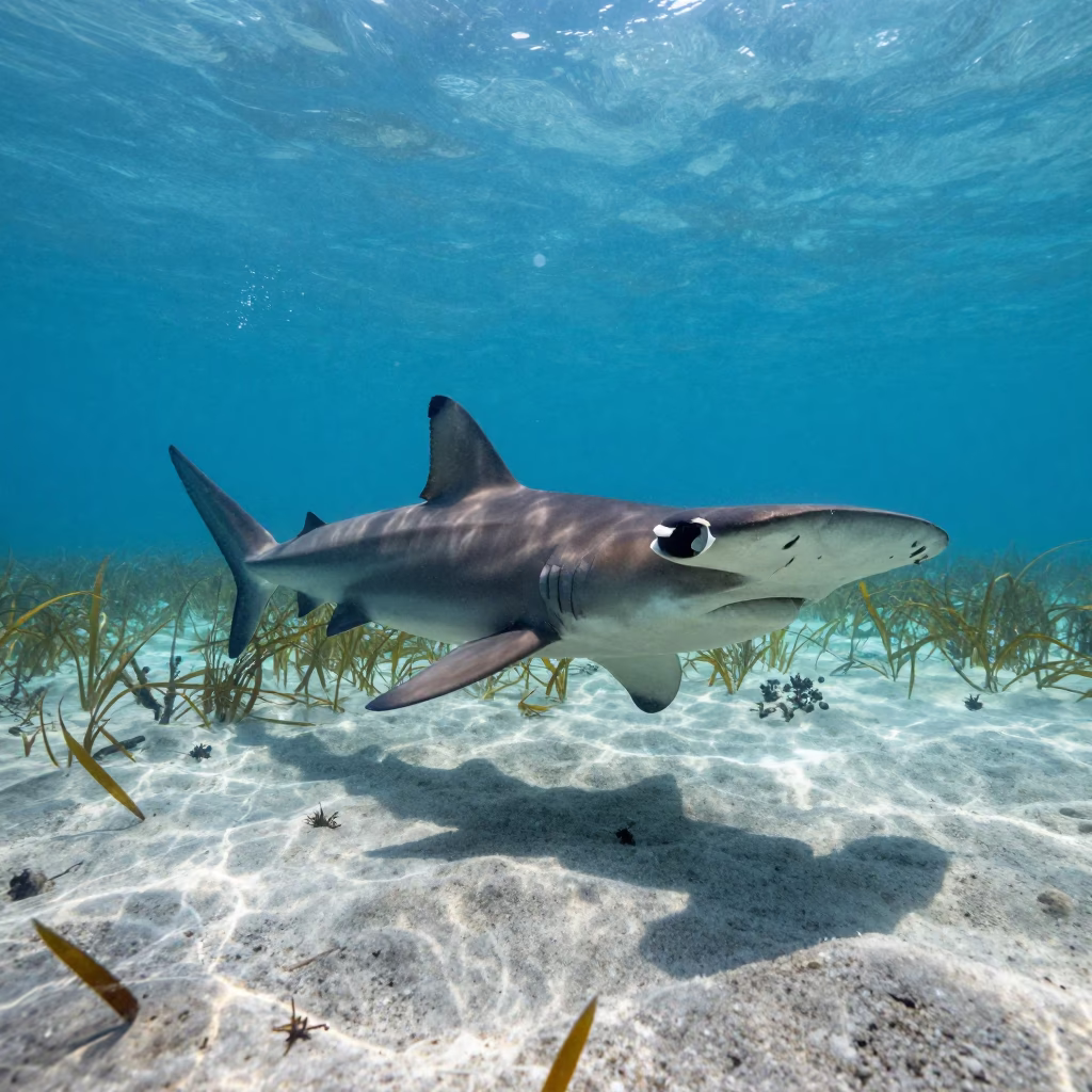 Hammerhead Shark Over Seagrass Meadow in above a seagrass meadow in British Columbia