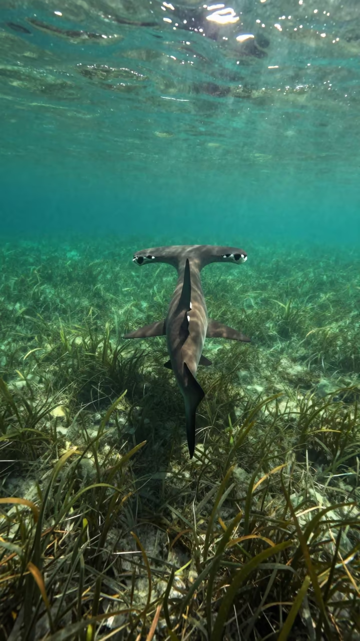 Hammerhead Shark Silhouette Over Seagrass in above a seagrass meadow in Florida
