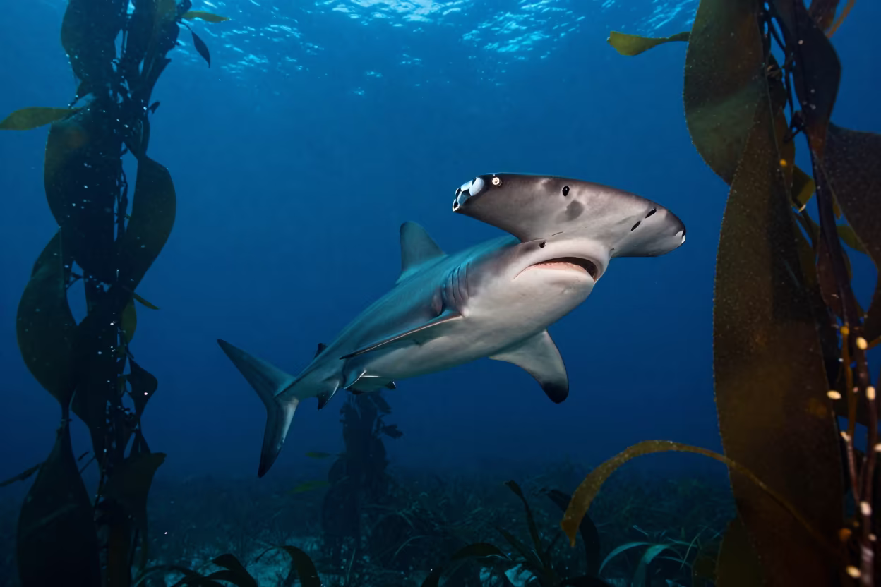 Hammerhead Sharks in Kelp Forest Blue Hour in through a forest of kelp fronds near Ribeira, Porto