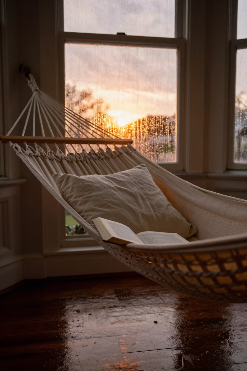 Hammock Book Pillow Algiers Window in beside a rain-streaked window in Algiers