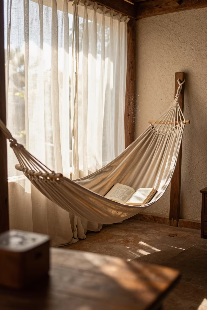 Hammock with Book and Pillow on Thies Porch in on a reading nook cushion near Thies