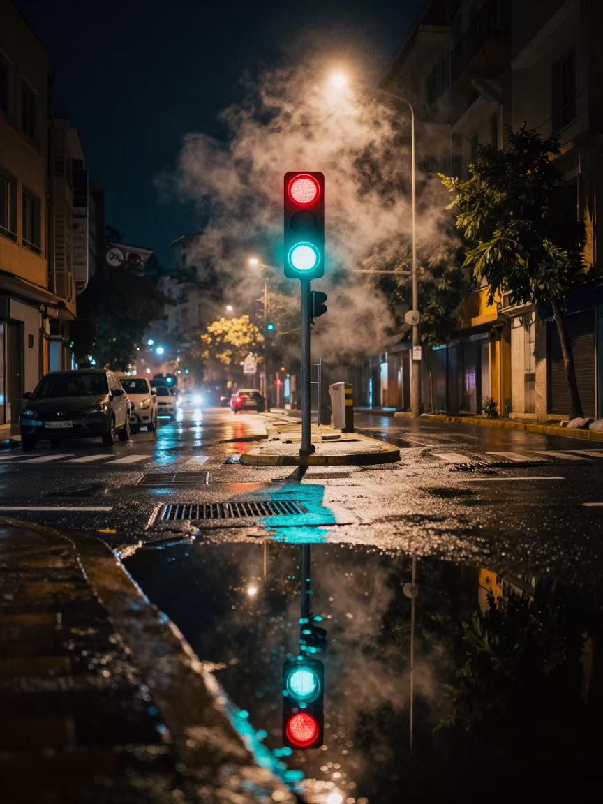 Hamra Beirut Puddle Reflection Night Street in beneath a flickering underpass light in Hamra, Beirut