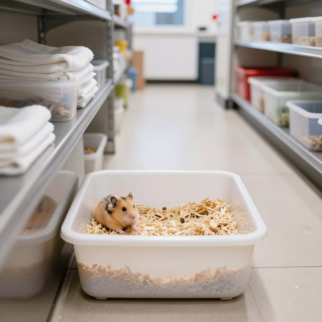 Hamster Bedding Bin in Larissa Kennel Corridor in in a boarding kennel corridor near Larissa