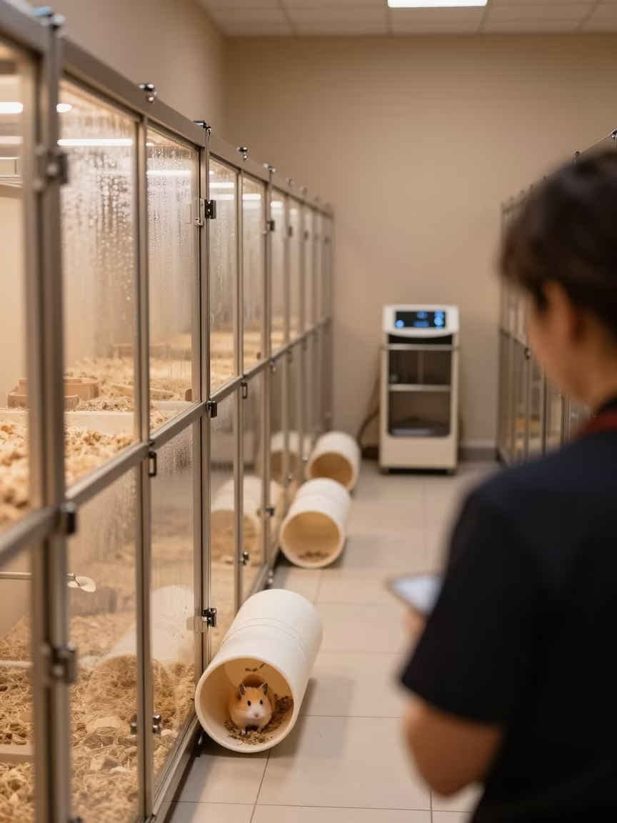 Hamster Habitat Bin in Desert Kennel Corridor in in a boarding kennel corridor near Palm Springs