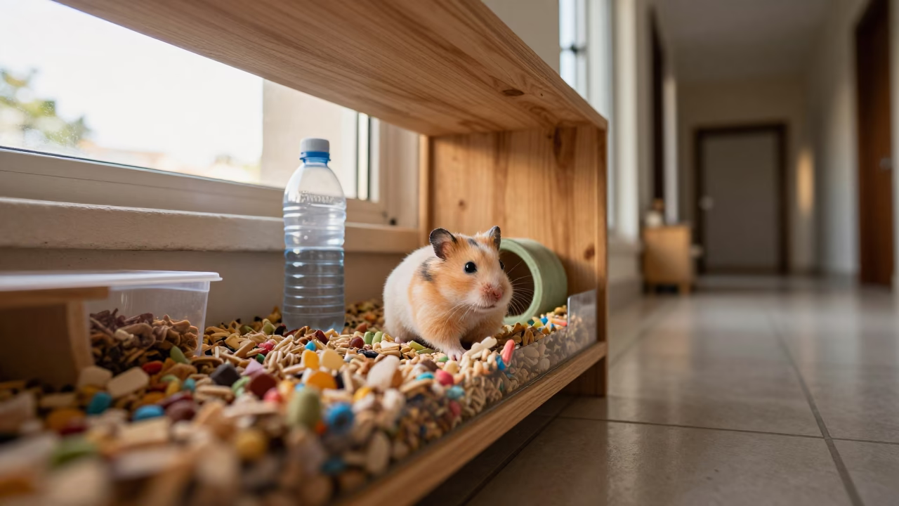Hamster Habitat Shelf in Escuintla Kennel in in a boarding kennel corridor in Escuintla