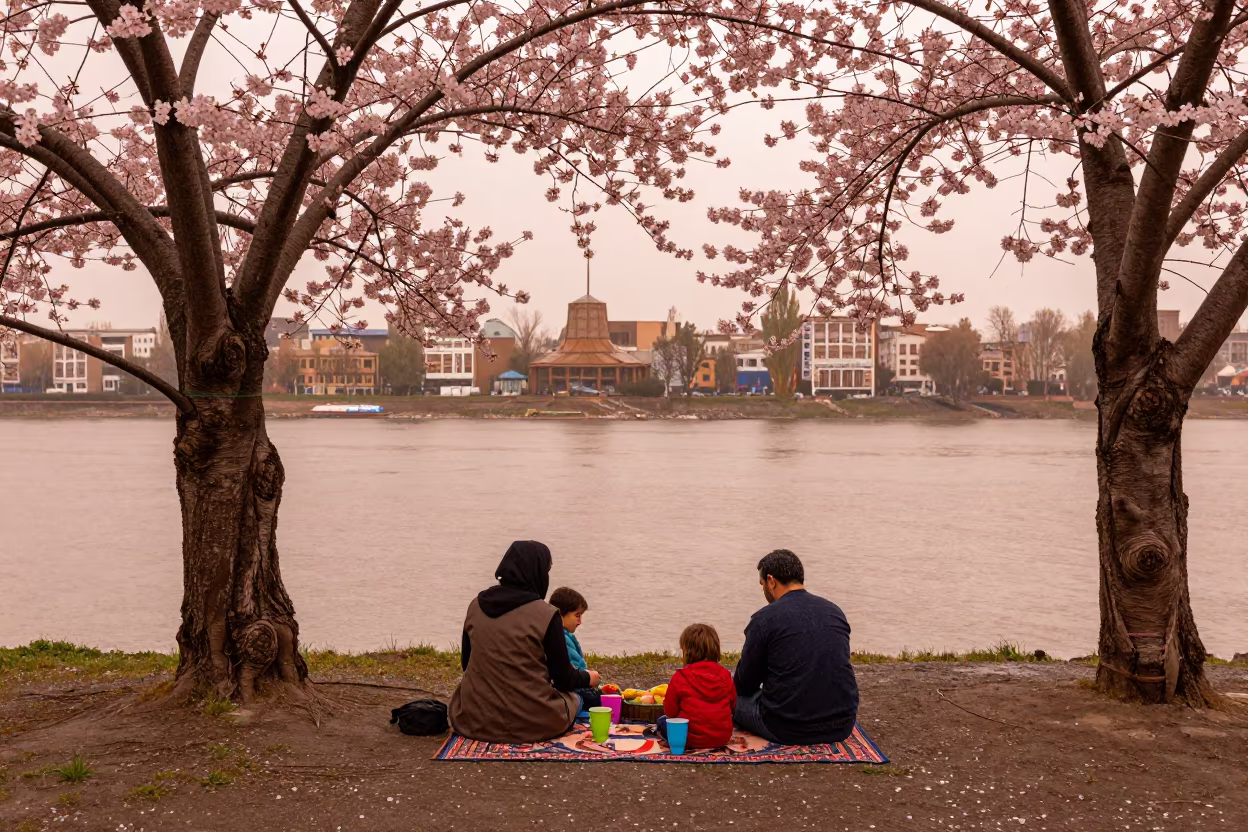 Hanami Picnic Under Cherry Blossoms in Mazar-i-Sharif in at a waterfront celebration in Mazar-i-Sharif