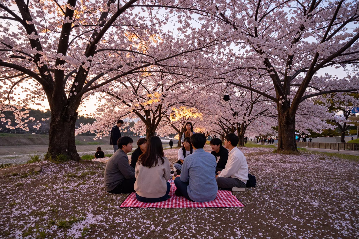 Hanami picnic under cherry blossoms in Seoul South Korea honeyed evening light in in Seoul, South Korea