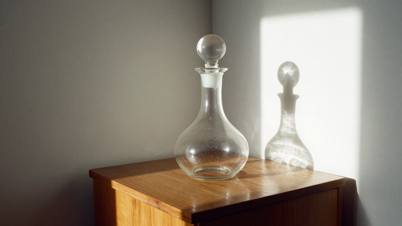 Hand-Blown Decanter on Tehran Table Midday in on a bedside table in Tehran