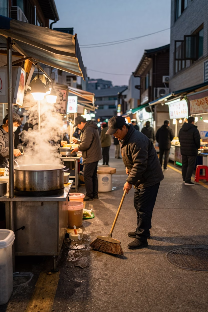 Hand Broom in Seoul at Copper-toned Light Before Dusk in in Seoul, South Korea
