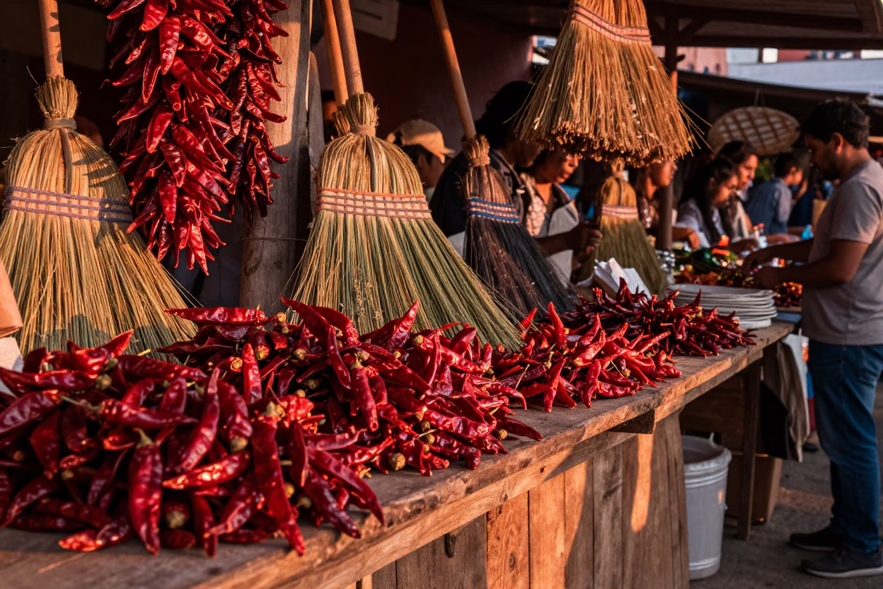 Hand Brooms in Oaxaca at Copper-toned Light Before Dusk in in Oaxaca, Mexico