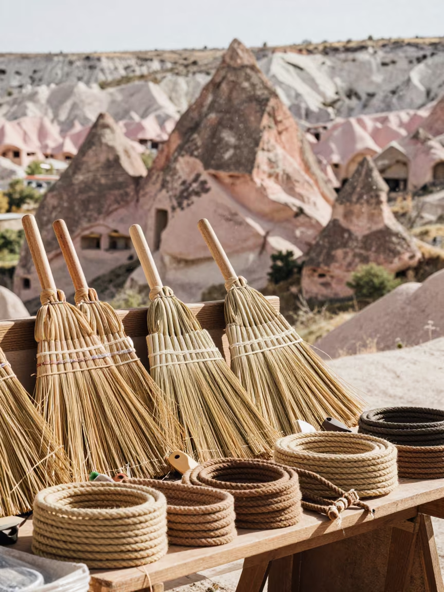 Hand Brooms and Rope at Cappadocia Market Stall in at a roadside fruit stand in Cappadocia