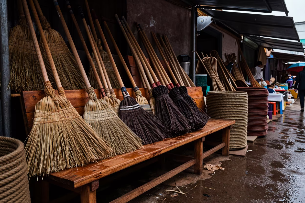Hand Brooms and Rope at Kunming Flower Auction in at a flower auction bench in Kunming