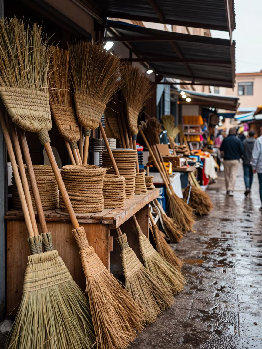 Hand Brooms and Rope at Pietermaritzburg Market in in a covered bazaar aisle in Pietermaritzburg