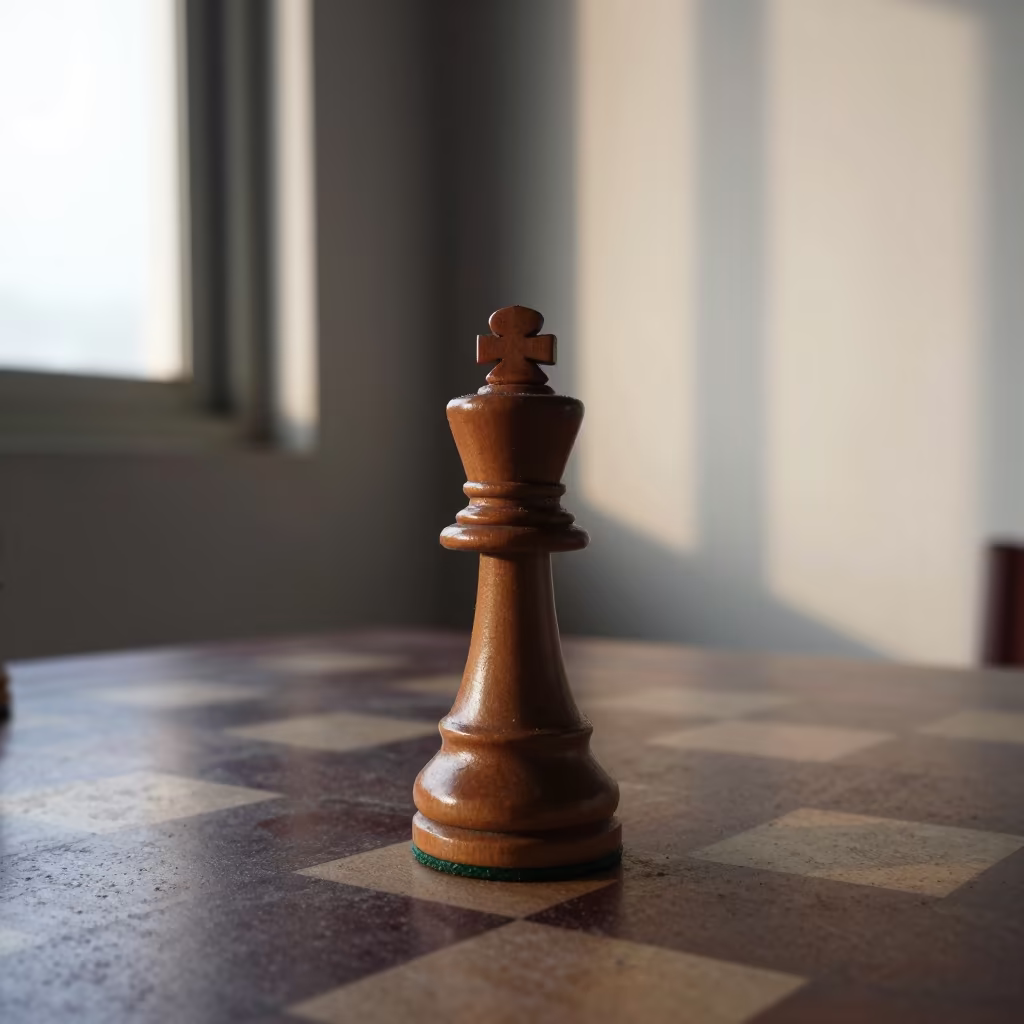 Hand Carved Chess King on Dusty Delhi Table in on a dusty library table in Karol Bagh, Delhi