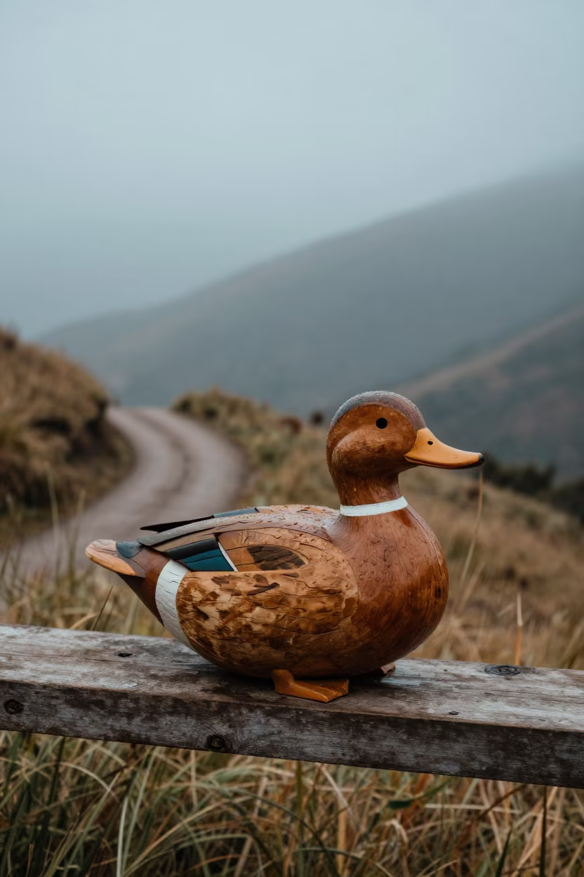 Hand-carved wooden duck decoy on mountain path in on a mountain path near Ciudad del Carmen