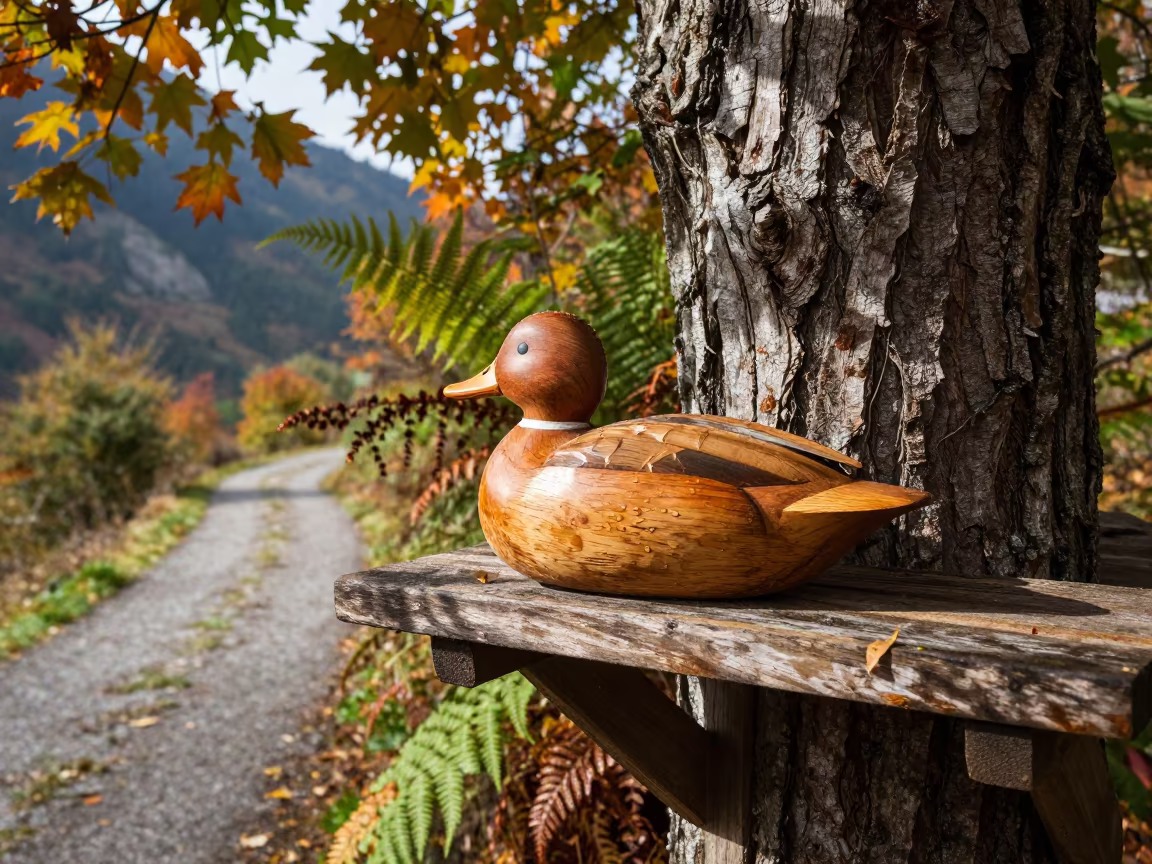 Hand Carved Wooden Duck on Mountain Path Shelf in on a mountain path near Kingston