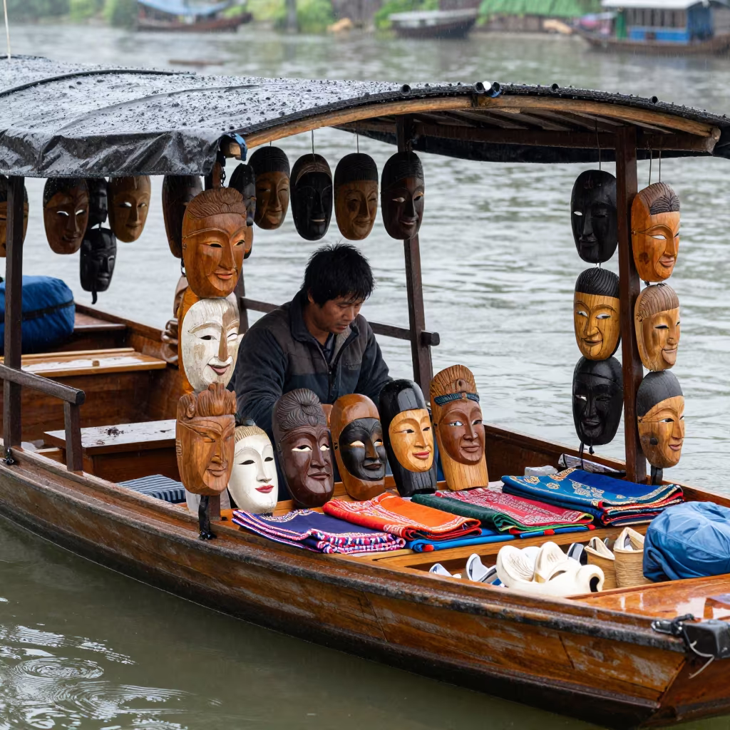 Hand-Carved Wooden Masks at Anyang Floating Market in at a floating market boat in Anyang