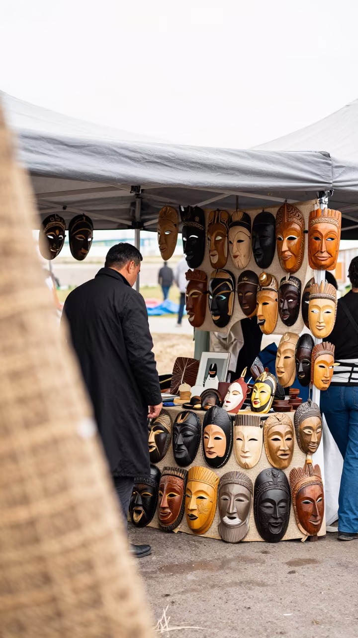 Hand Carved Wooden Masks At Astana Market in under a market canopy in Astana