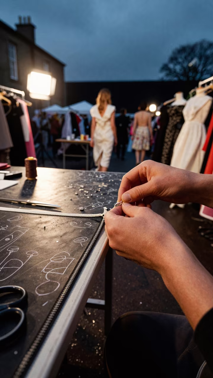 Hand Closing Zipper Hook on Runway Dress in at a tailoring table strewn with chalk and shears near Blantyre