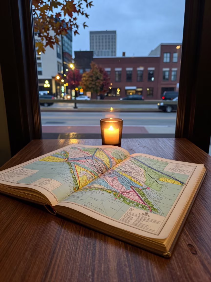 Hand-Colored Atlas on Cafe Table in on a cafe table by a window in Des Moines