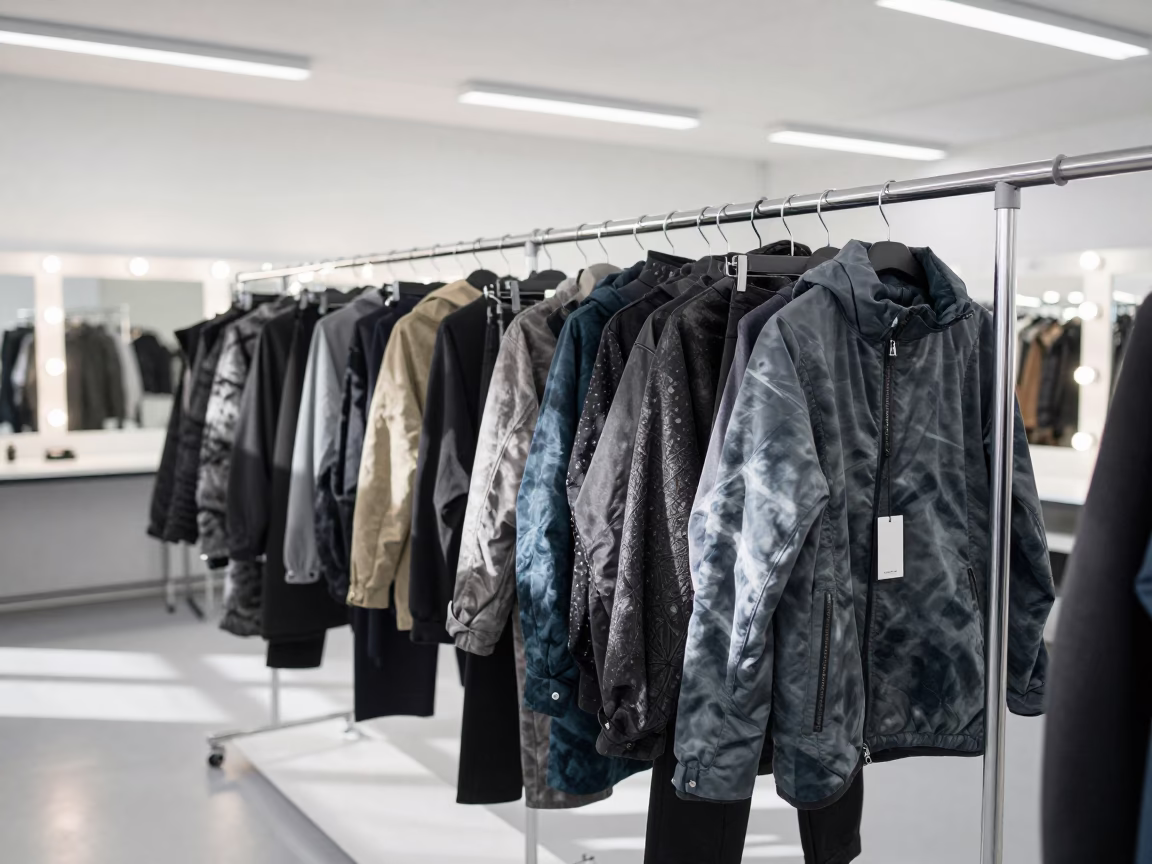 Hand-Dyed Nylon Jackets on Rack in beside a mirror lined with makeup bulbs in Dusseldorf