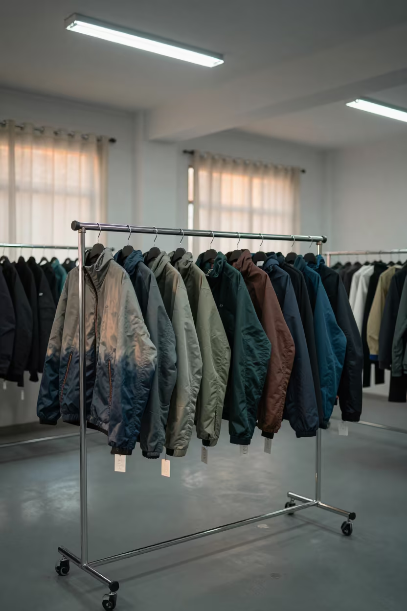 Hand-dyed Nylon Outerwear on Rack in Erode Showroom in inside a minimalist showroom in Erode