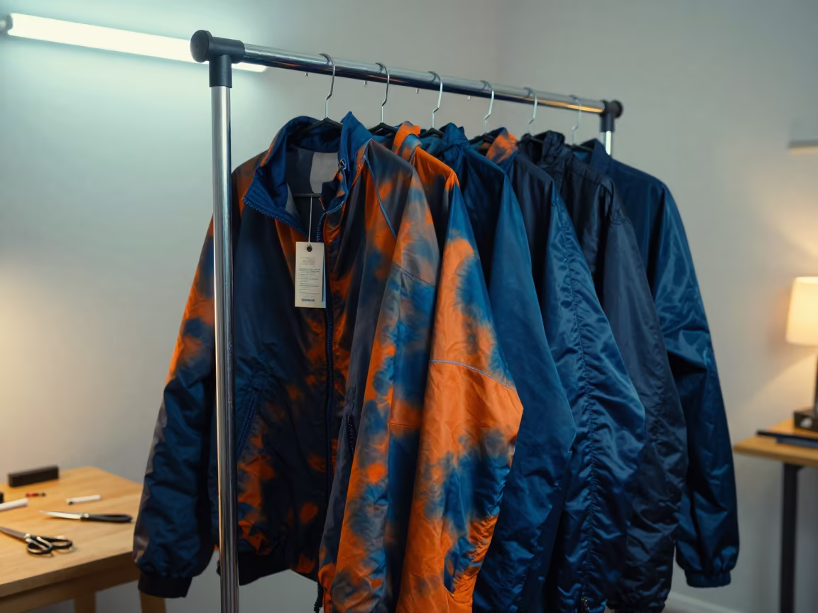 Hand-dyed Nylon Outerwear on Rack in Torun Workshop in at a tailoring table strewn with chalk and shears in Torun