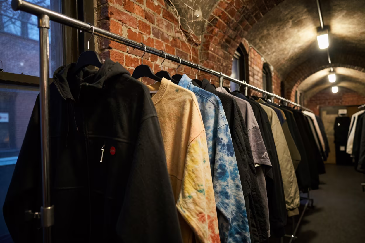 Hand-dyed streetwear on rack under brick arch in in a backstage changing corridor in Lower East Side, New York