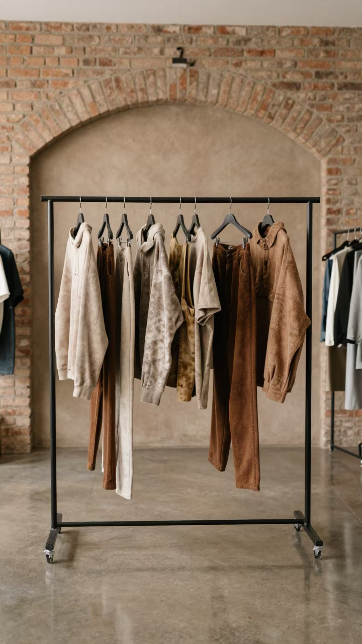 Hand-dyed Streetwear on Rack in Lusaka Atelier in inside a couture atelier in Lusaka
