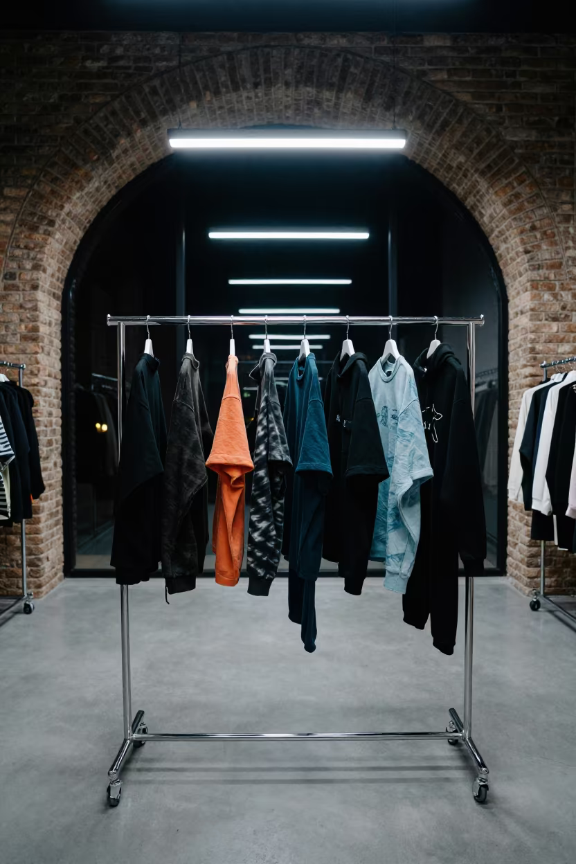 Hand Dyed Streetwear on Garment Rack in Makhachkala Atelier in inside a couture atelier in Makhachkala