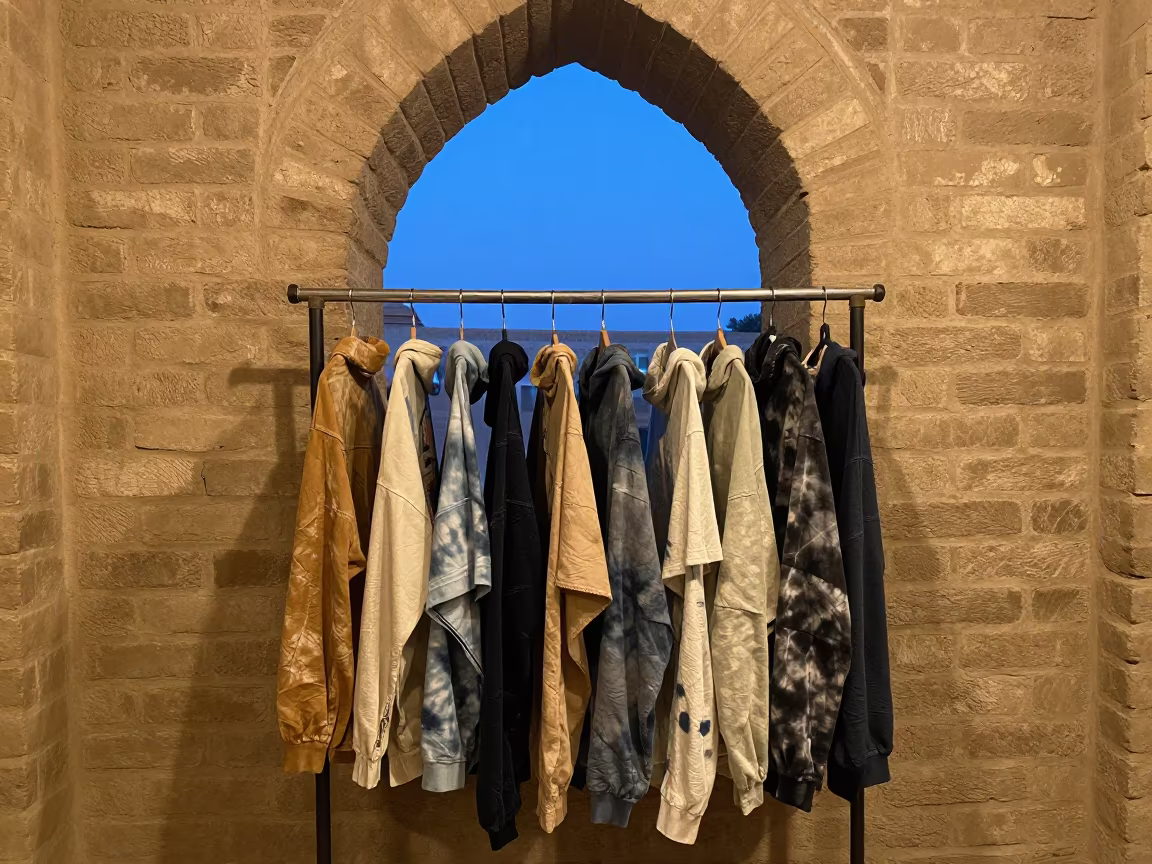 Hand-Dyed Streetwear on Rack in Omdurman Atelier in inside a couture atelier near Omdurman